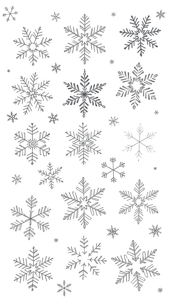 Various snowflake drawings on a white background, showcasing different designs for Christmas crafts.
